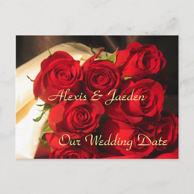 "Our Wedding Date" - Red Rose Bouquet Announcement Postcard (Front)