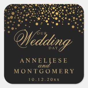 Our Wedding Day Gold Dots on Black   Personalise Square Sticker