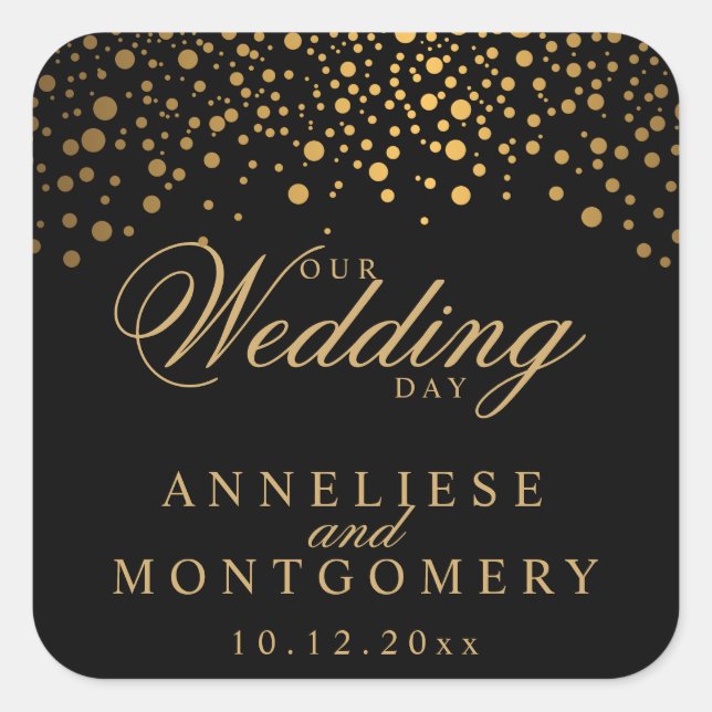 Our Wedding Day Gold Dots on Black | Personalise Square Sticker (Front)