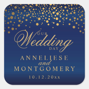 Our Wedding Day Gold Dots on Navy Blue Square Sticker