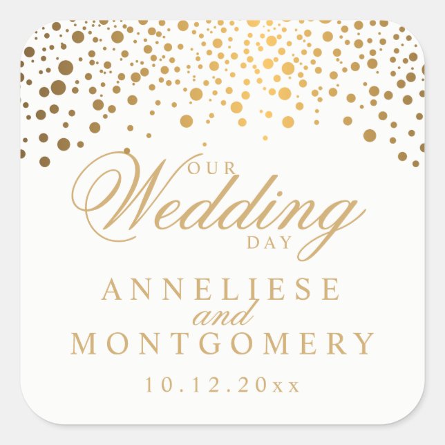 Our Wedding Day Gold Dots on White | Personalise Square Sticker (Front)