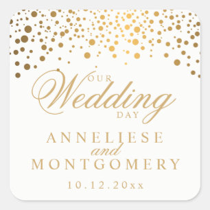 Our Wedding Day Gold Dots on White Square Sticker