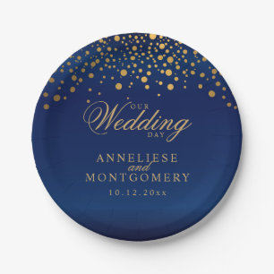 Our Wedding Day Navy Blue & Gold Confetti Dots Paper Plate