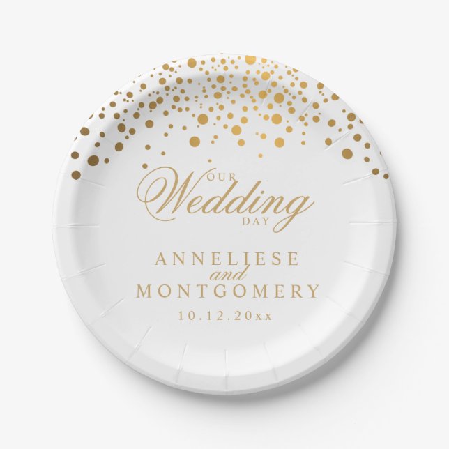 Our Wedding Day White & Gold Confetti Dots Paper Plate (Front)
