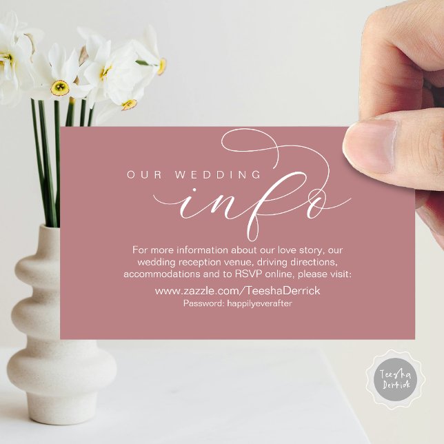 Our Wedding Details and Website, Modern Minimal Enclosure Card (Our Wedding Info, Details Enclosed Small Card, RSVP, Website Address, in Dusty rose pink)