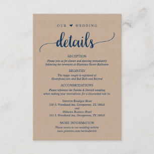 Our Wedding Details, Rustic Brown Kraft Navy Blue Enclosure Card