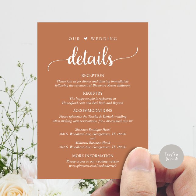 Our Wedding Details, Rustic Copper Rust Brown Enclosure Card (Our Wedding Details, Rustic Script Invitation Enclosure Card, in Copper Brown)