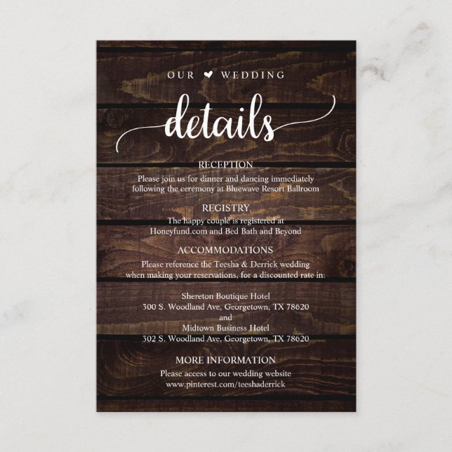 Our Wedding Details, Rustic Dark Wood Themed Enclosure Card (Front)