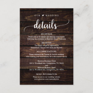 Our Wedding Details, Rustic Dark Wood Themed Enclosure Card