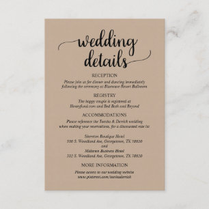 Our Wedding Details, Rustic Light Brown Kraft Enclosure Card