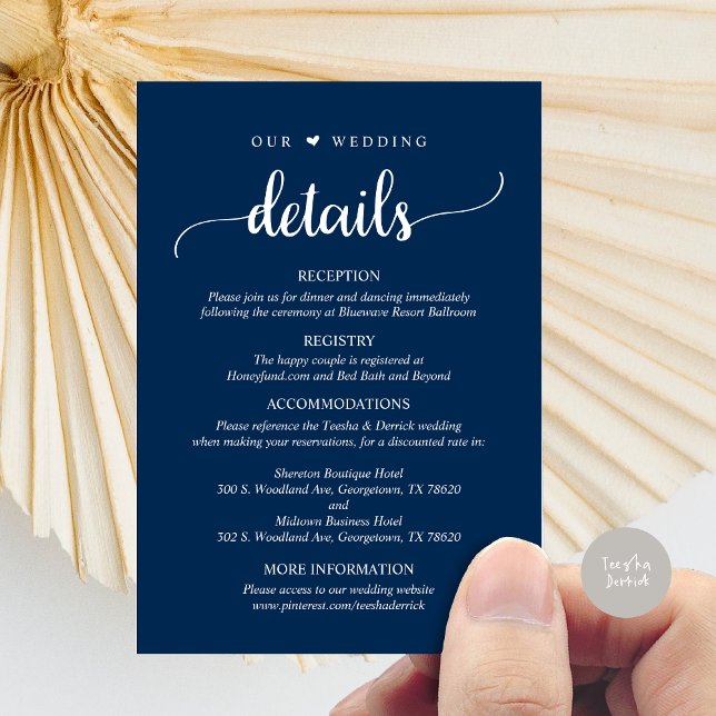 Our Wedding Details, Rustic Navy Blue Script Enclosure Card (Our Wedding Details, Rustic Script Invitation Enclosure Card, in Navy Blue)