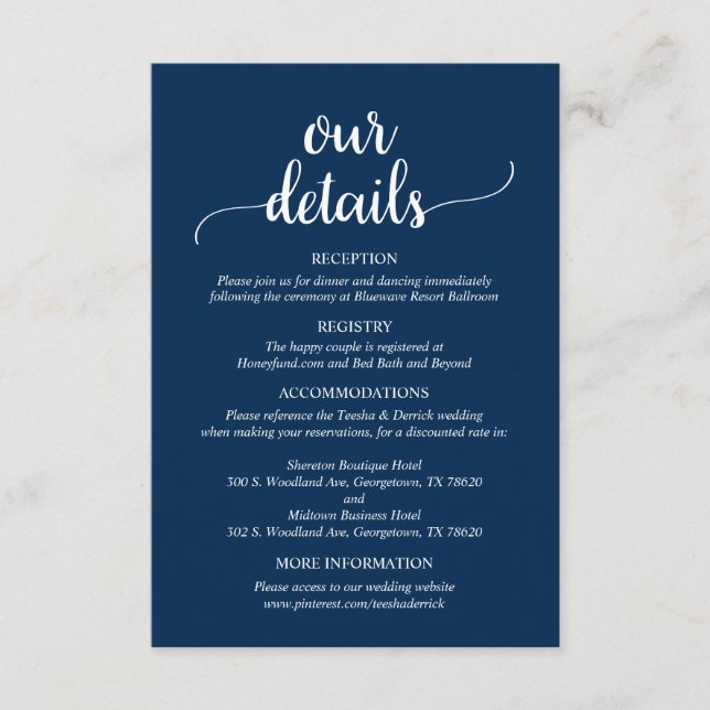 Our Wedding Details, Rustic Navy Blue Script Enclosure Card (Front)