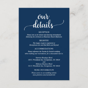 Our Wedding Details, Rustic Navy Blue Script Enclosure Card