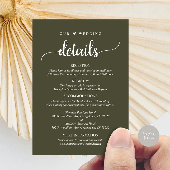Our Wedding Details, Rustic Olive Green Enclosure Card (Our Wedding Details, Rustic Script Invitation Enclosure Card, in Olive Green)