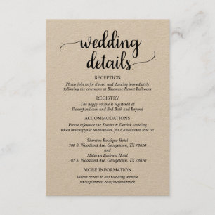 Our Wedding Details, Rustic Script, Brown Kraft Enclosure Card