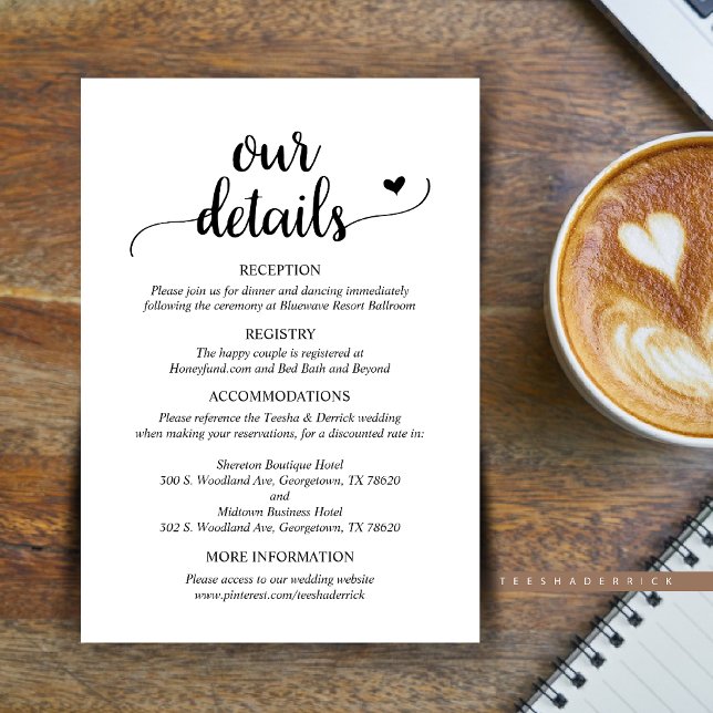 Our Wedding Details, Rustic Script  Enclosure Card (Our Wedding Details Enclosure Card, Reception, Registry, Hotels and website, in Rustic Script design)