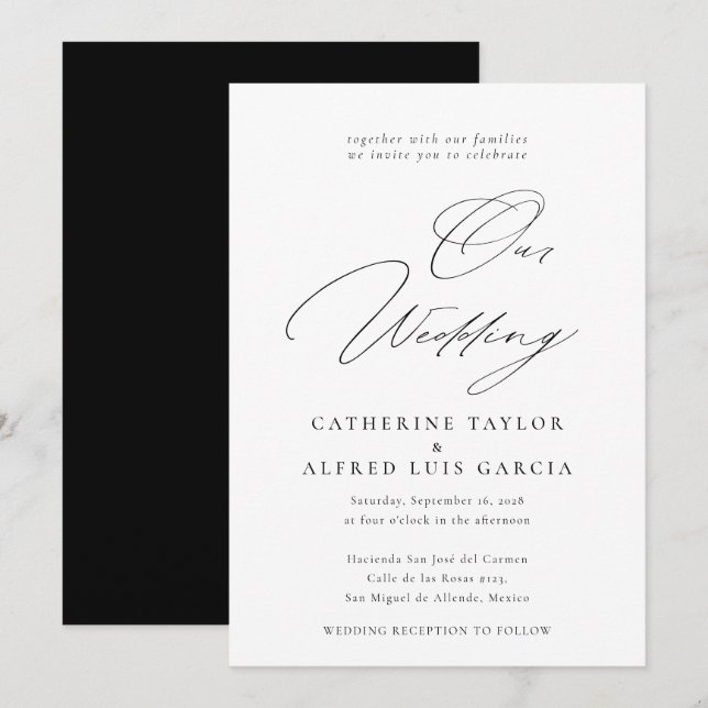 Our Wedding Elegant Calligraphy Black Wedding Invitation (Front/Back)