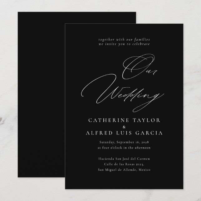 Our Wedding Elegant Calligraphy Black Wedding Invitation (Front/Back)