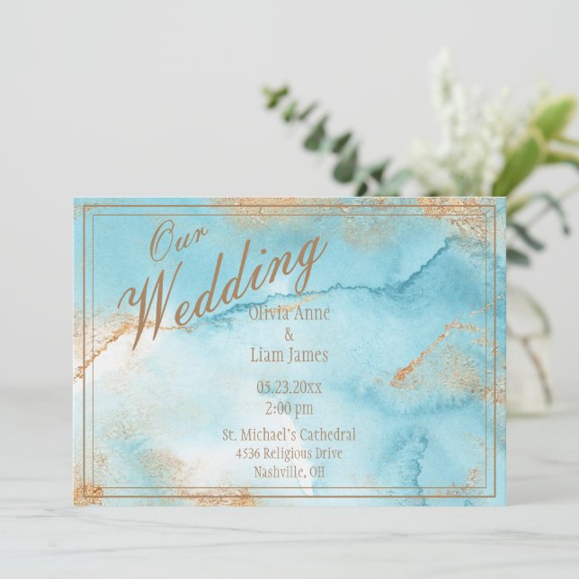 Our Wedding Gold Turquoise Modern Elegant Wedding Invitation (Standing Front)