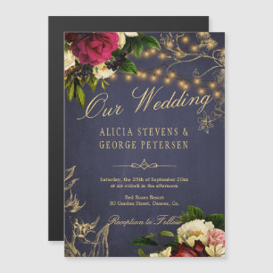 Our Wedding gold typography floral burgundy navy Magnetic Invitation