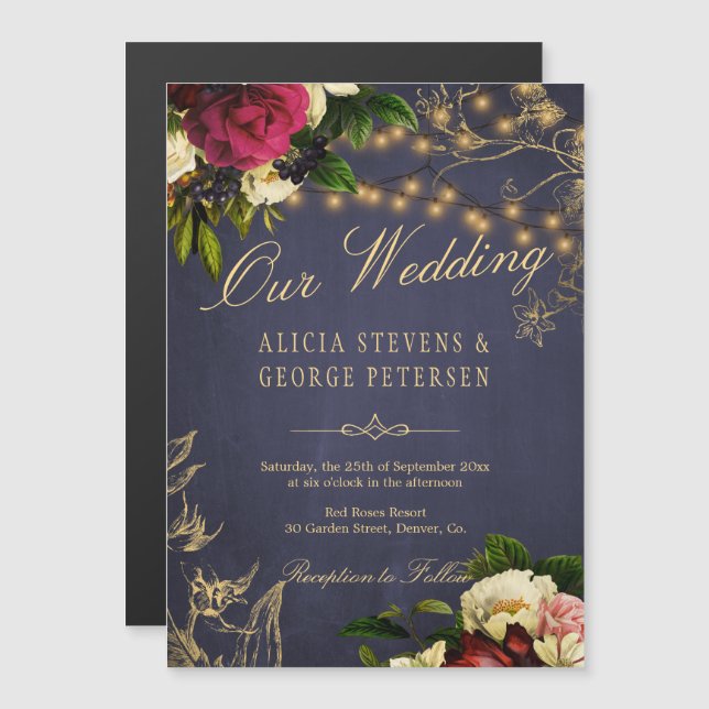 Our Wedding gold typography floral burgundy navy Magnetic Invitation (Front/Back)
