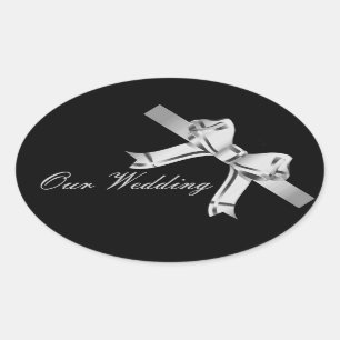 "Our Wedding" - Silver/Grey Bow and Ribbon[a3] Oval Sticker