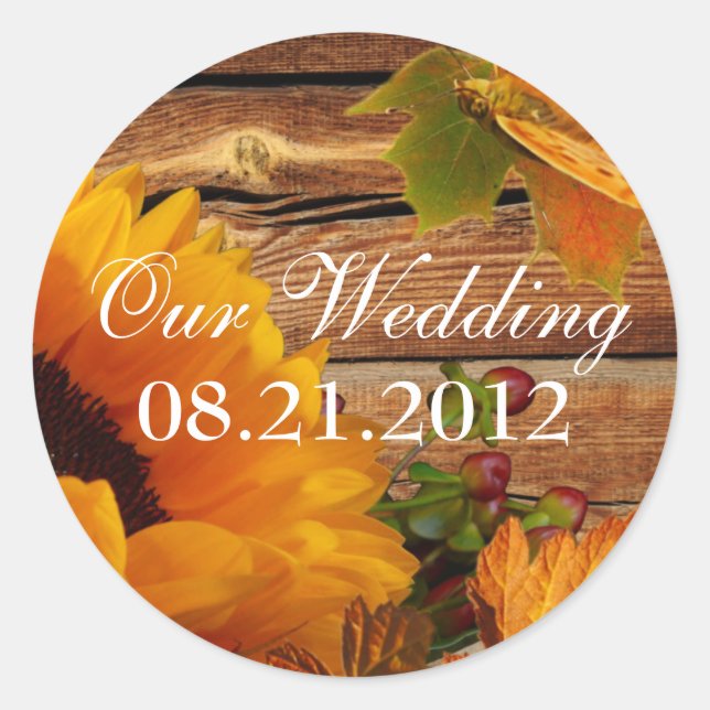 Our Wedding Stickers Round, Rustic Fall Sunflower (Front)