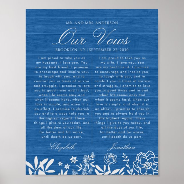 Our Wedding Vows Navy Blue Floral Wood Anniversary Poster (Front)
