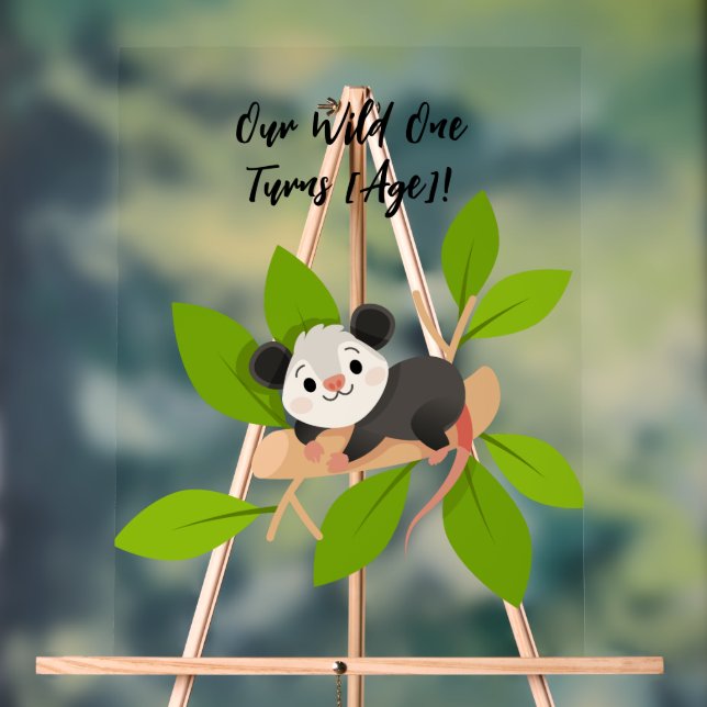 Our Wild One Turns [Age]! – Opossum Woodland Acrylic Sign (Neutral)