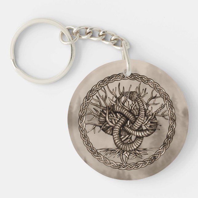 Ouroboros Celtic Knot with Tree of Life Sepia Key Ring (Front)
