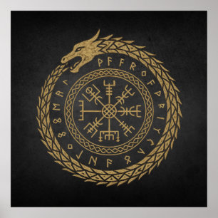 Ouroboros & Vegvisir – Norse Compass Rune Circle D Poster