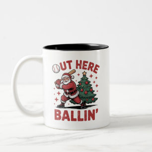 Out Here Ballin' Santa Playing Baseball Christmas Two-Tone Coffee Mug
