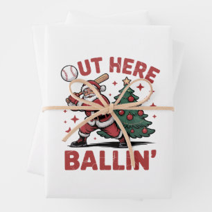 Out Here Ballin' Santa Playing Baseball Christmas Wrapping Paper Sheet