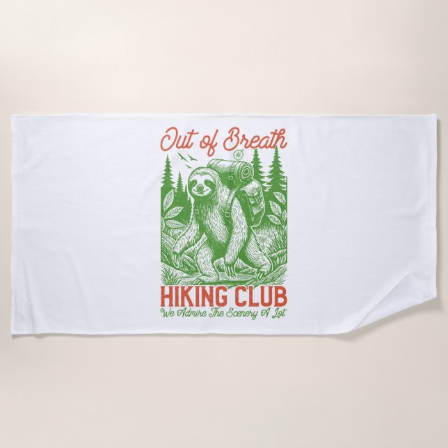 Out of Breath Funny Sloth Hiking Club Beach Towel (Front)