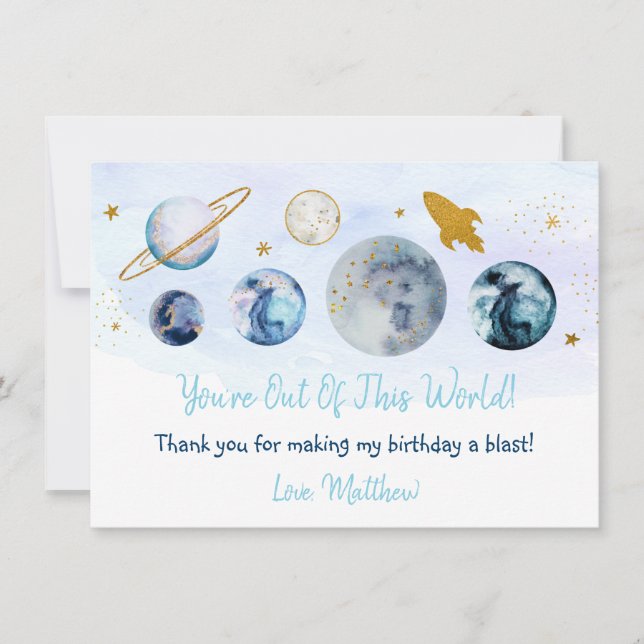 Out Of This World Galaxy Blue Gold Thank You Card (Front)