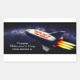 Out of This World Retro Rocket Kids Valentine Rectangular Sticker