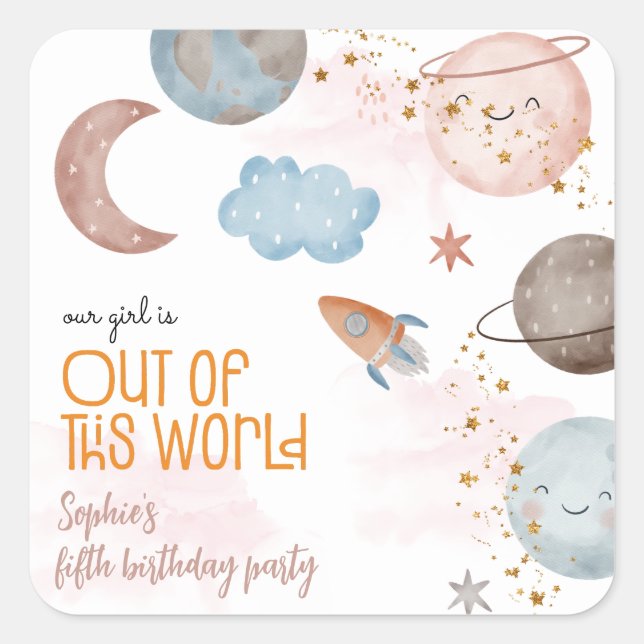 Out of this world space adventure kids birthday square sticker (Front)