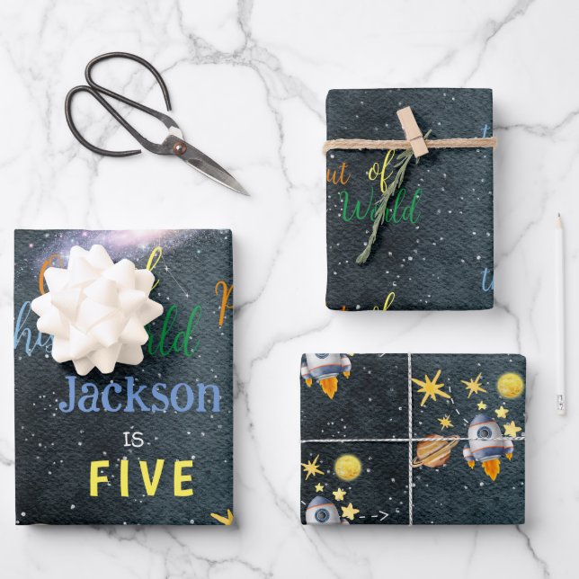 Out of this world space adventure kids birthday wrapping paper sheet (Front)