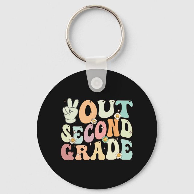 Out Second Grade Retro Groovy Last Day Of School 2 Key Ring (Front)
