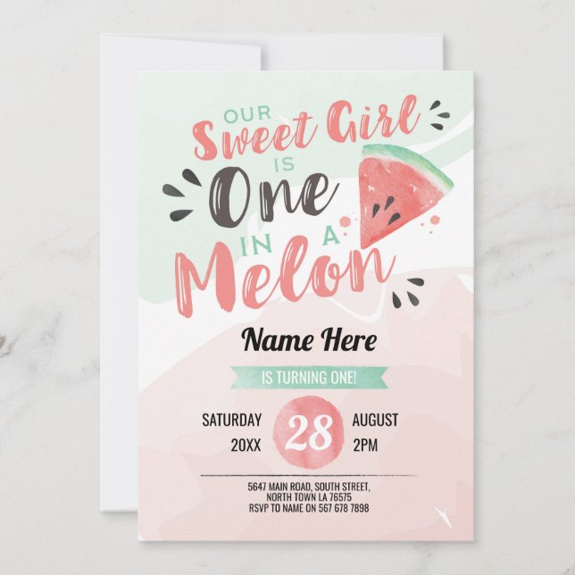 Out Sweet Girl One 1st Melon First Birthday Invite (Front)