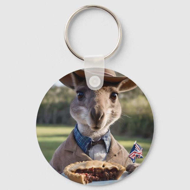 "Outback Delight: A Kangaroo Eats Aussie Meat Pie Key Ring (Front)