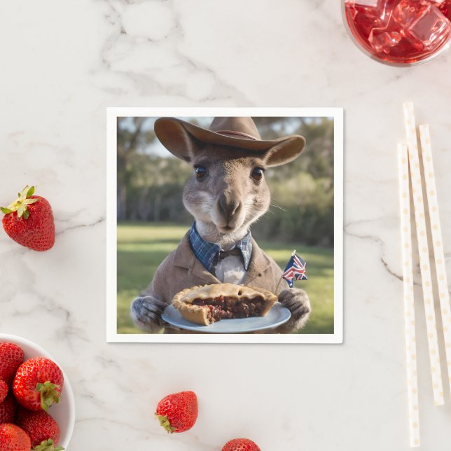 "Outback Delight: A Kangaroo Eats Aussie Meat Pie Napkin (Insitu)