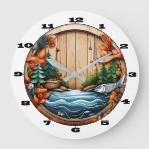 Outdoor And Fishing Motif on Wood Large Clock