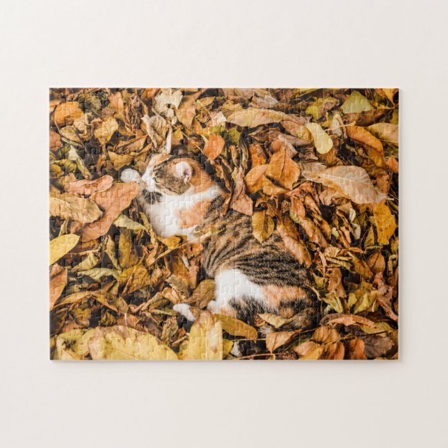 Outdoor Autumn Leaves Fall Tabby Calico Cat Photo Jigsaw Puzzle (Horizontal)