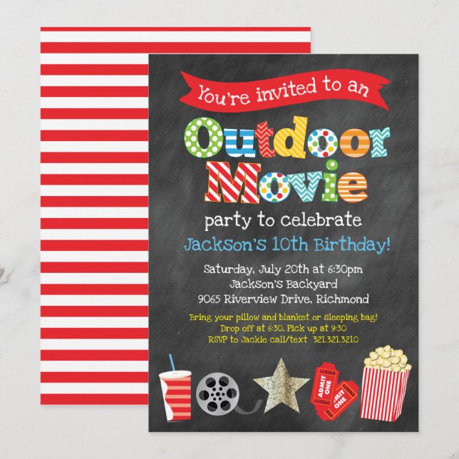 Outdoor Backyard Movie Birthday Party - Chalkboard Invitation (Front/Back)