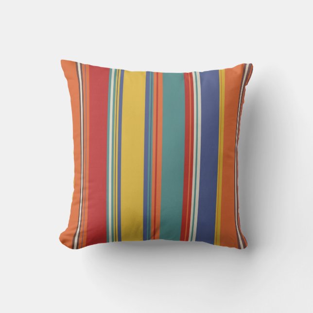 Outdoor Bright Blue Red Orange Teal Stripe Design Cushion (Front)