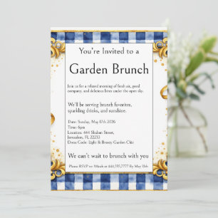 Outdoor Brunch Party Gold Blue White Gingham Glam Invitation