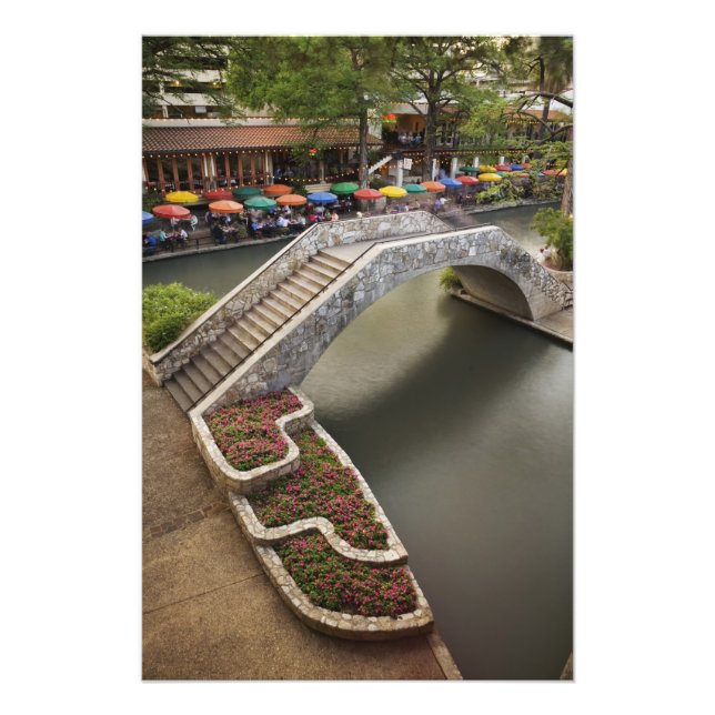 Outdoor cafe along River Walk and bridge over Photo Print (Front)