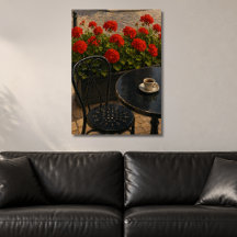 Outdoor Cafe Scene with Red Geraniums