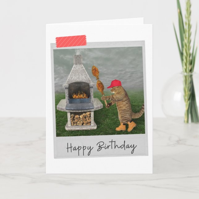 Outdoor Chef Cat Funny Birthday Card (Front)